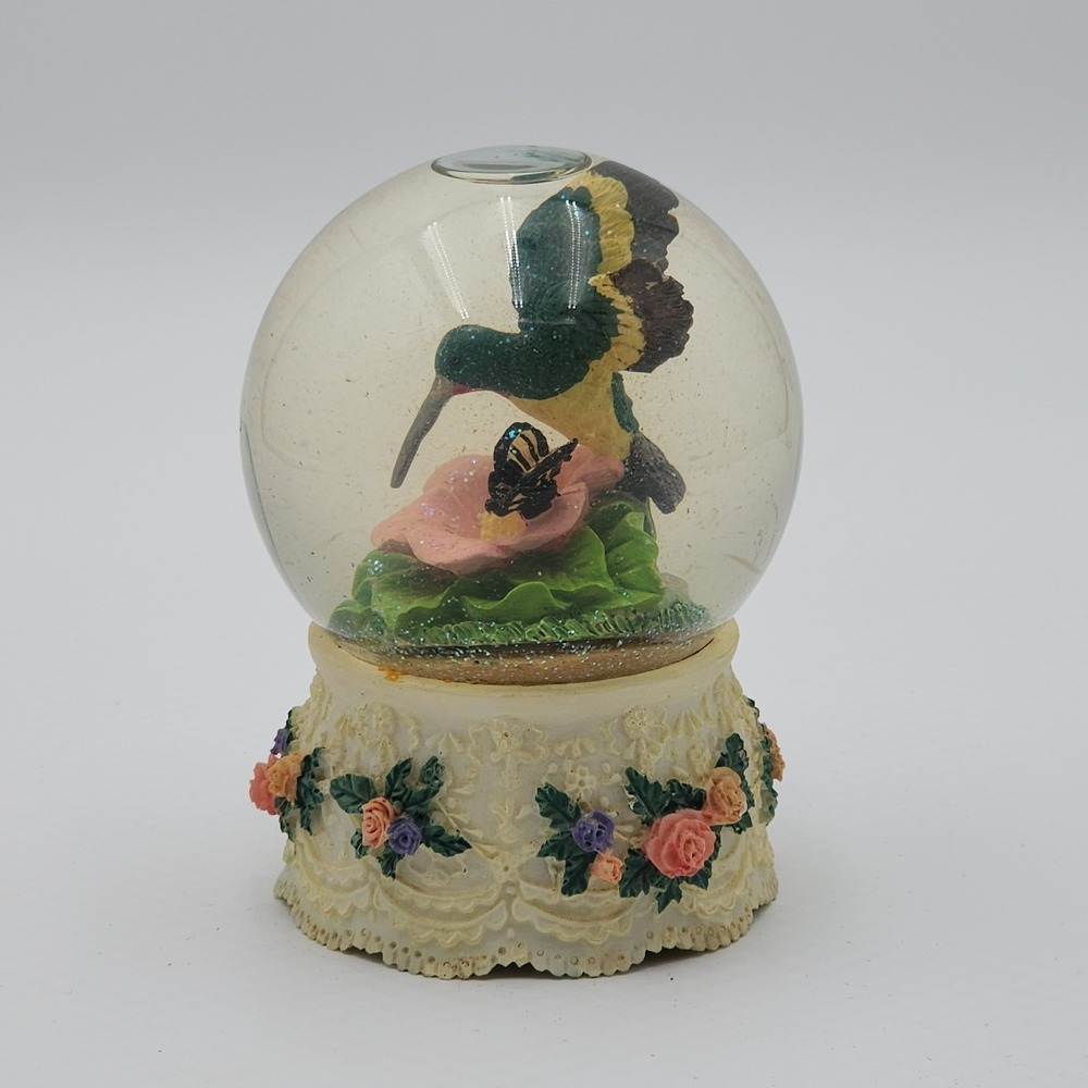 Vintage Hummingbird & Butterfly Music Box Snow Globe Floral Stand Tested Works